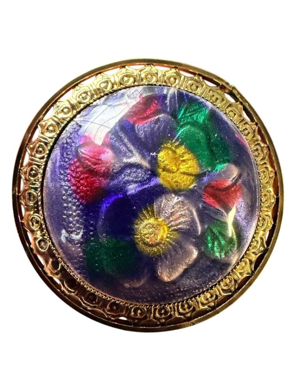 Vintage Reverse Carved Lucite Brooch Gold Tone Floral Pin 1950s New Old Stock